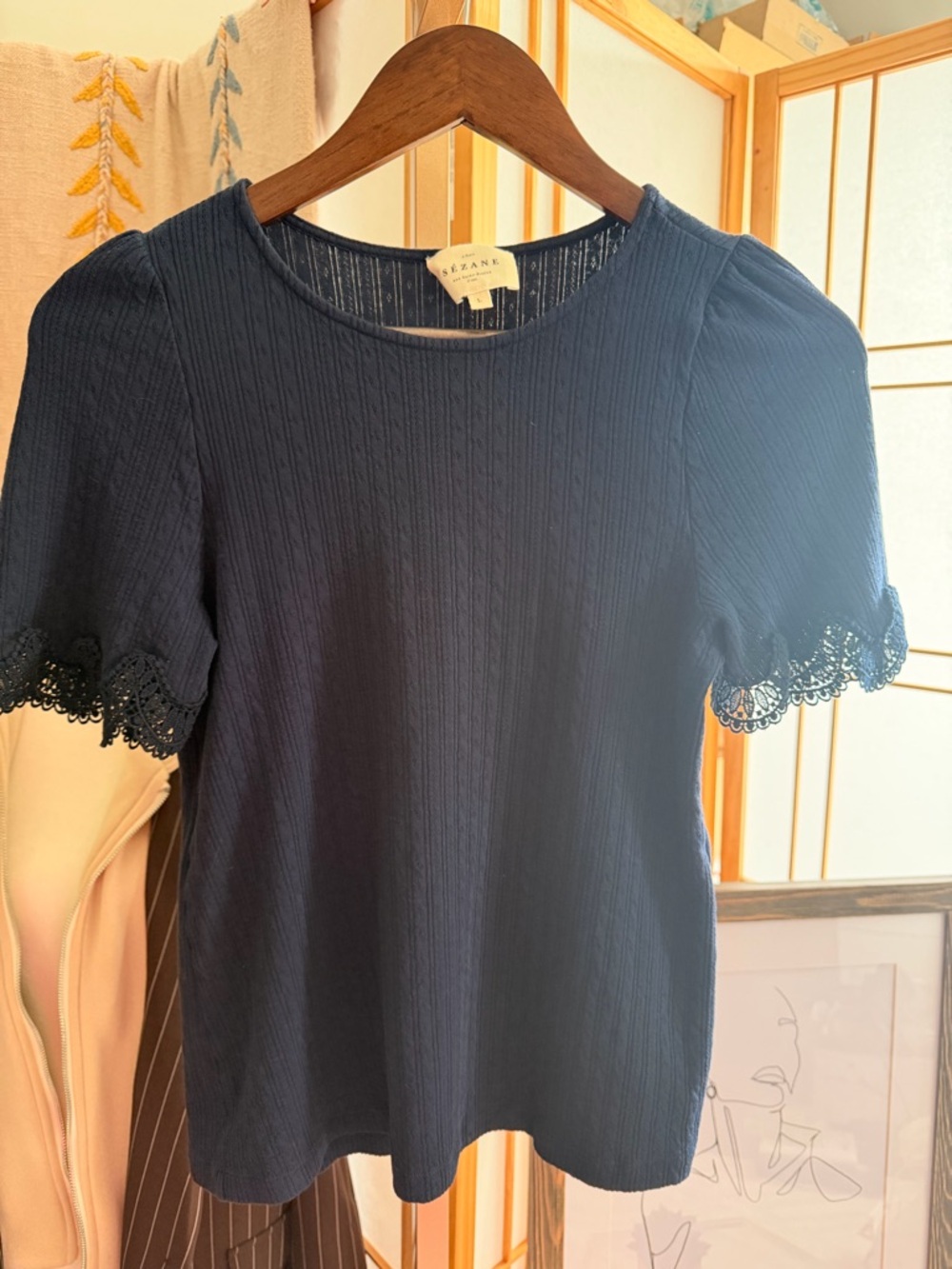Sézane Navy Ribbed Lace Sleeve Top – Size L